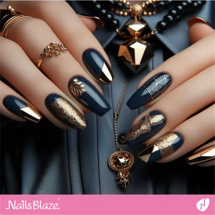 Foil and Chrome Design on Blue Nails | Foil Nails - NB4097